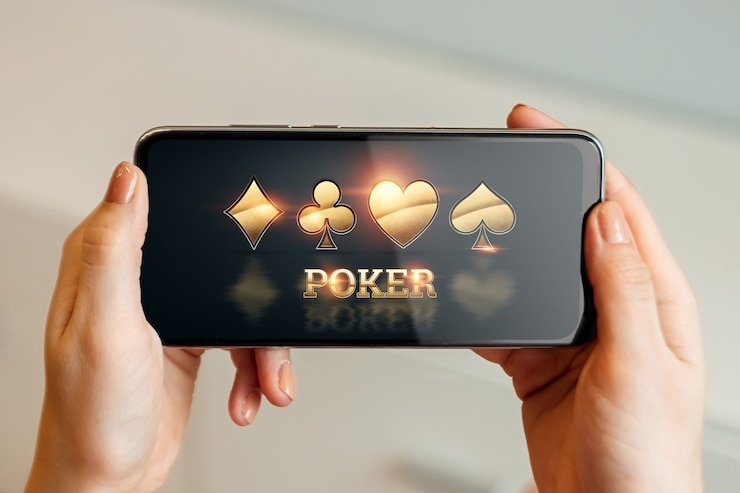 Mobile phone screen showing Texas Poker table layout with betting controls and live dealer video feed